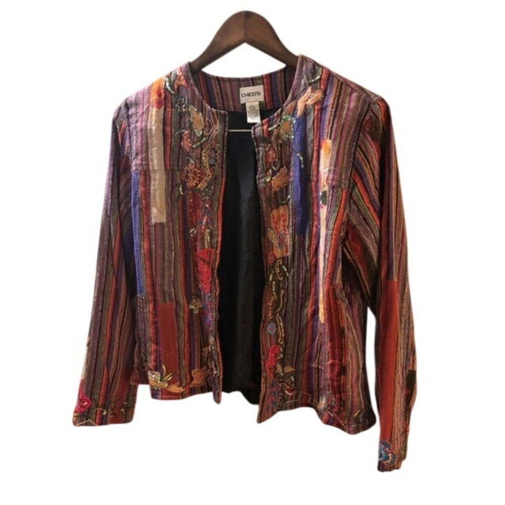 Chico's Silk Embroidered Sequin Stripe Jacket Multi Color Boho Artsy Size 1 (M)